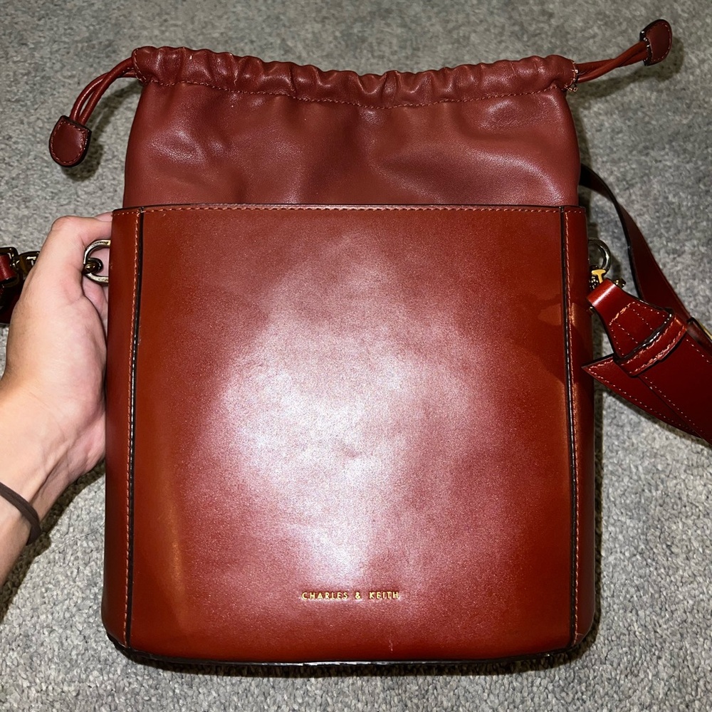 Charles & Keith Red Leather Drawstring Bag